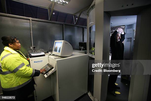 Body scanner is tested at the Heathrow Express boarding platform at Paddington station in West London, England, Wednesday, January 11 ahead of the...