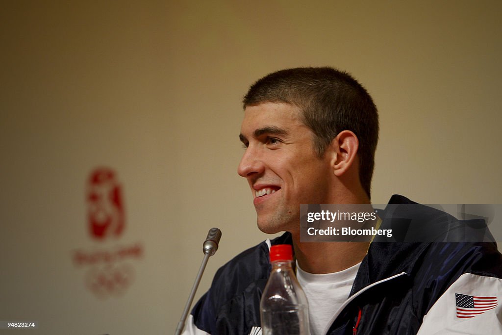 Michael Phelps of the U.S., speaks at a news conference afte