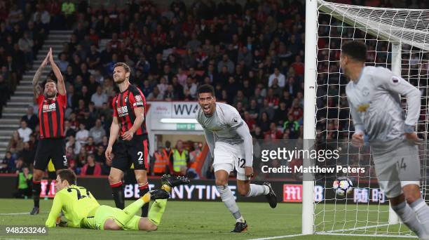 Chris Smalling of Manchester United celebrates scoring their first goal during the Premier League match between AFC Bournemouth and Manchester United...