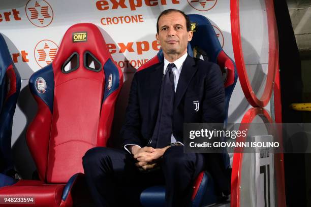 Juventus' head coach Massimiliano Allegri looks on during the Italian Serie A football match FC Crotone vs Juventus on April 18, 2018 at the Ezio...