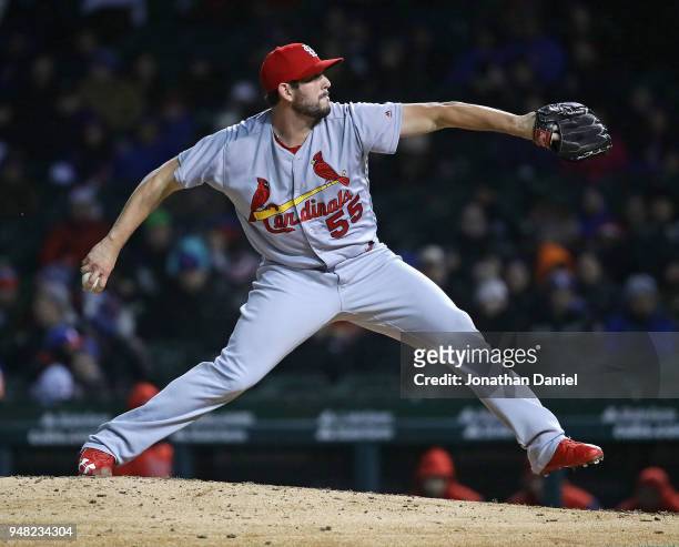 Dominic Leone of the St. Louis Cardinals pitches against the Chicago Cubs at Wrigley Field on April 17, 2018 in Chicago, Illinois. The Cardinals...