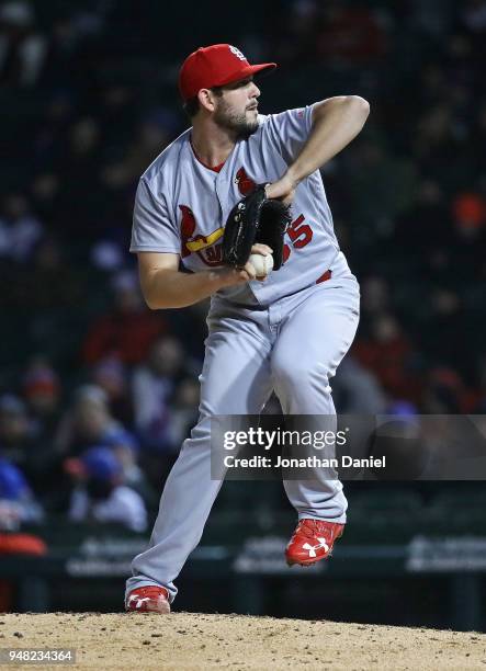 Dominic Leone of the St. Louis Cardinals pitches against the Chicago Cubs at Wrigley Field on April 17, 2018 in Chicago, Illinois. The Cardinals...