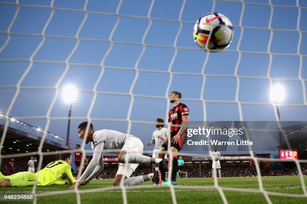 Chris Smalling of Manchester United scores his sides first goal past Asmir Begovic of AFC Bournemouth during the Premier League match between AFC...