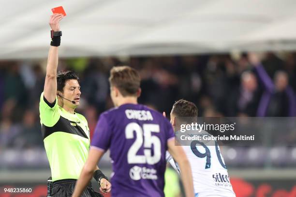 Antonio Damato referee shows the red card to Alessandro Murgia of SS Lazio during the serie A match between ACF Fiorentina and SS Lazio at Stadio...