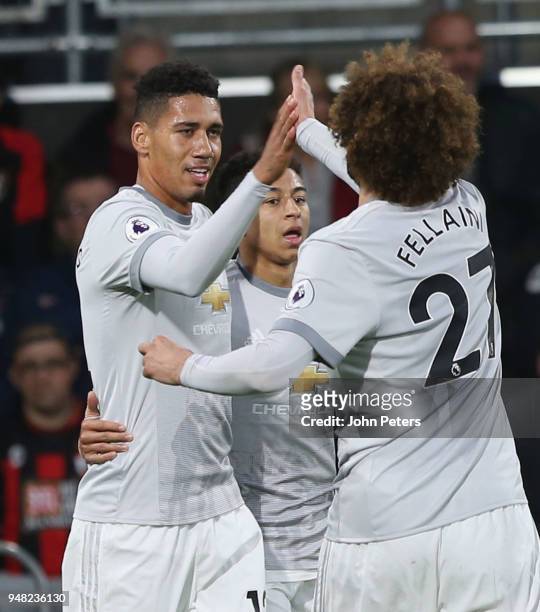 Chris Smalling of Manchester United celebrates scoring their first goal during the Premier League match between AFC Bournemouth and Manchester United...