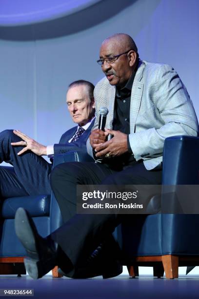 George Gervin speaks during the ABA 50th Reunion on April 7, 2018 at the Bankers Life Fieldhouse in Indianapolis, Indiana. NOTE TO USER: User...