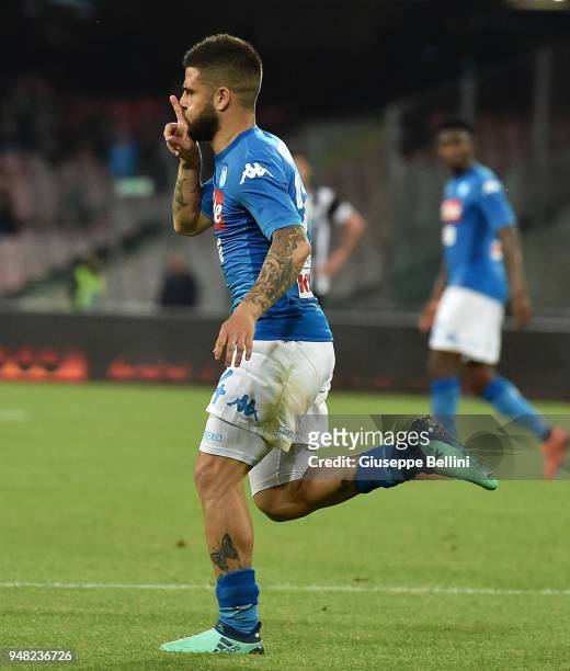 Lorenzo Insigne of SSC Napoli celebates after scoring goal 1-1 during the Serie A match between SSC Napoli and Udinese Calcio at Stadio San Paolo on...