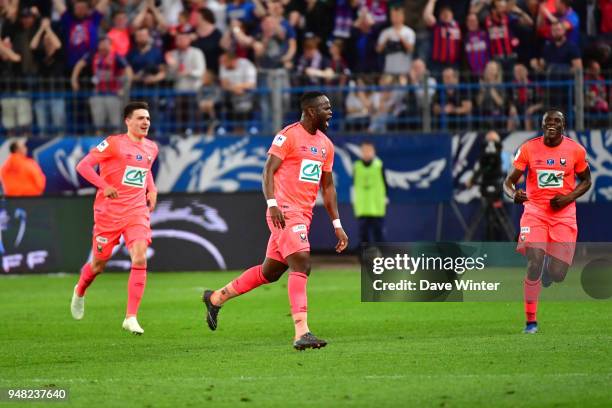 Joy for Tiemoko Ismael Diomande of Caen after he equalises during the French Cup Semi Final match between Caen and Paris Saint Germain on April 18,...