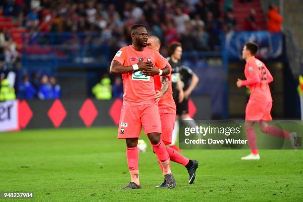 Joy for Tiemoko Ismael Diomande of Caen after he equalises during the French Cup Semi Final match between Caen and Paris Saint Germain on April 18,...