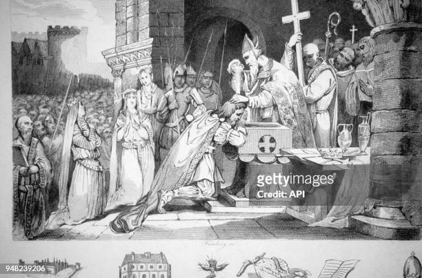 Gravure historique du 19ème siècle sur Saint Rémi baptisant le roi des Francs Clovis à Reims, France.