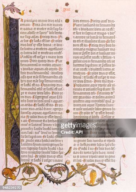 Page de manuscrit extraite de la Bible de Gutenberg, 15ème siècle.