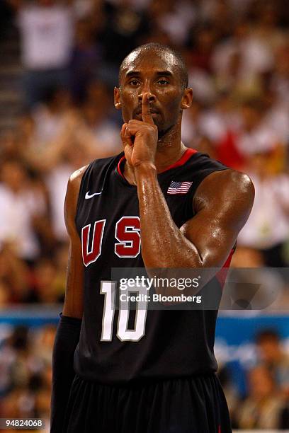 Kobe Bryant gestures during the final game of the men's basketball event on the final day of the 2008 Beijing Olympics in Beijing, China, on Sunday,...