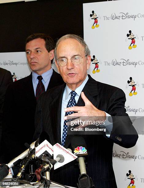 Walt Disney Company Chairman George Mitchell speaks to reporters after a meeting with officials from seven pension funds to discuss Disney's...