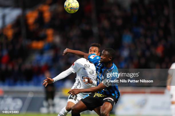 Nasiru Mohammed of BK Hacken and Moses Ogbu of IK Sirius FK during the Allsvenskan match between IF Sirius FK and BK Hacken at Studenternas IP on...