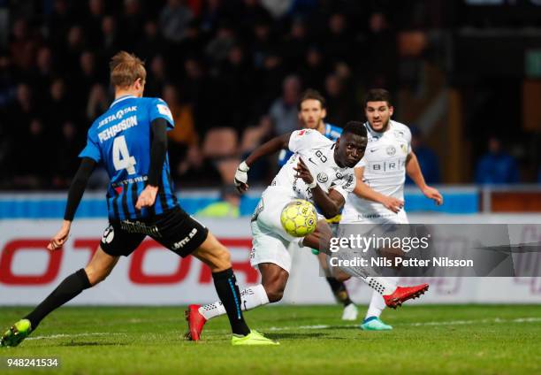 Alhassan Kamara of BK Hacken shoots during the Allsvenskan match between IF Sirius FK and BK Hacken at Studenternas IP on April 18, 2018 in Uppsala,...