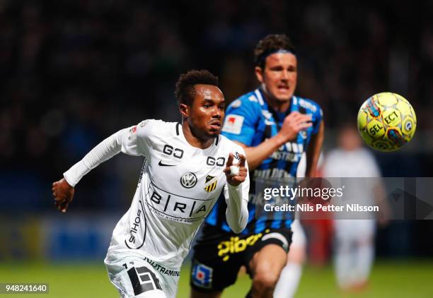 Nasiru Mohammed of BK Hacken and Stefano Vecchia of IK Sirius FK competes for the ball during the Allsvenskan match between IF Sirius FK and BK...