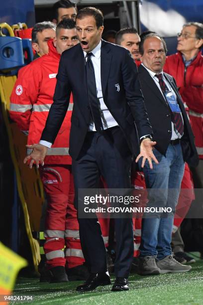 Juventus coach Massimiliano Allegri reacts during the Italian Serie A football match FC Crotone vs Juventus on April 20, 2018 at the Ezio Scida...