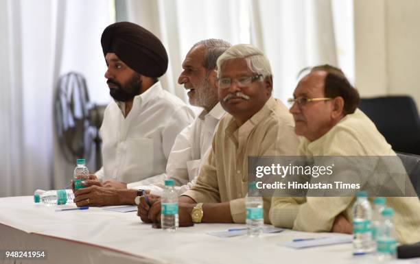 Leaders Arvinder Singh Lovely , Sajjan Kumar , Mahabal Mishra and Ramesh Kumar during the Delhi Pradesh Congress Committee meeting on April 18, 2018...