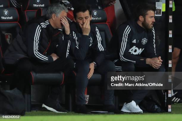 Jose Mourinho manager of Manchester United reacts alongside assistant Rui Faria during the Premier League match between AFC Bournemouth and...