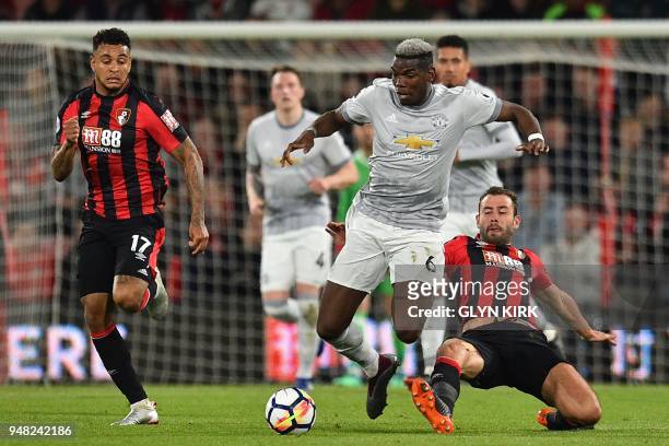 Bournemouth's English defender Steve Cook fouls Manchester United's French midfielder Paul Pogba during the English Premier League football match...
