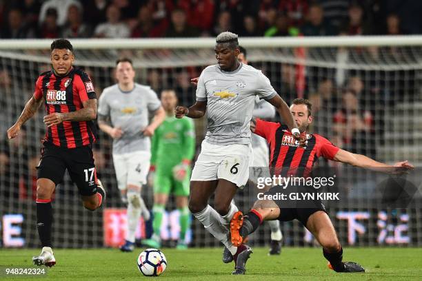 Bournemouth's English defender Steve Cook fouls Manchester United's French midfielder Paul Pogba during the English Premier League football match...