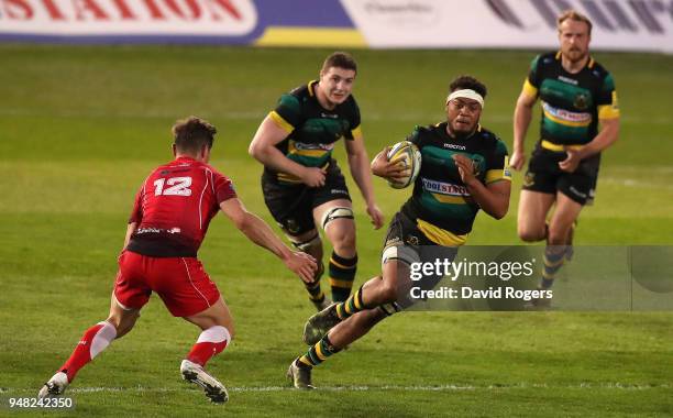 Devante Onojaife of Northampton breaks with the ball during the Mobbs Memorial match between Northampton Saints and the British Army at Franklin's...