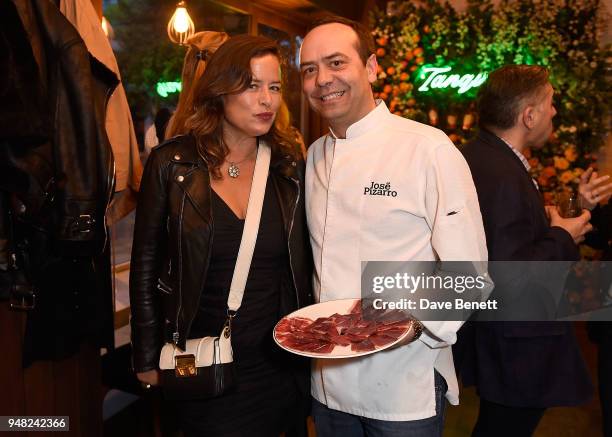 Jade Jagger and Jose Pizarro attend the launch of new gin Tanqueray Flor de Sevilla in partnership with Jose Pizarro at Pizarro Restaurant on April...