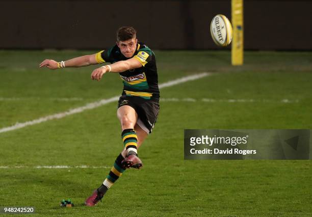 James Grayson of Northampton kicks a penalty during the Mobbs Memorial match between Northampton Saints and the British Army at Franklin's Gardens on...