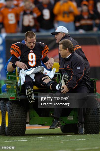 Cincinnati Bengals quarterback Carson Palmer is taken off the field after injuring his knee during the first quarter in a game against the Pittsburgh...