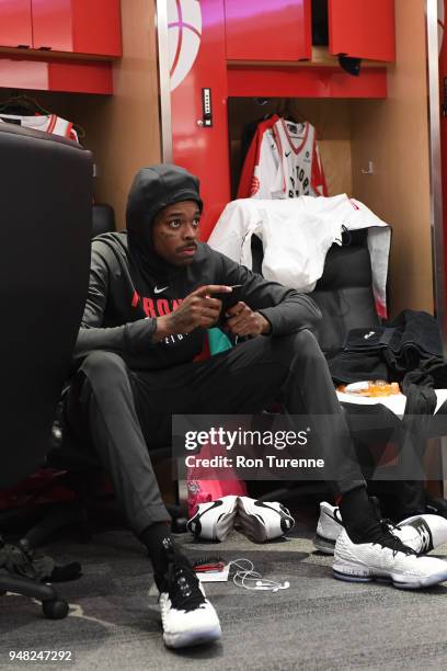 Lucas Nogueira of the Toronto Raptors before the game against the Washington Wizards in Game Two of Round One of the 2018 NBA Playoffs on April 17,...