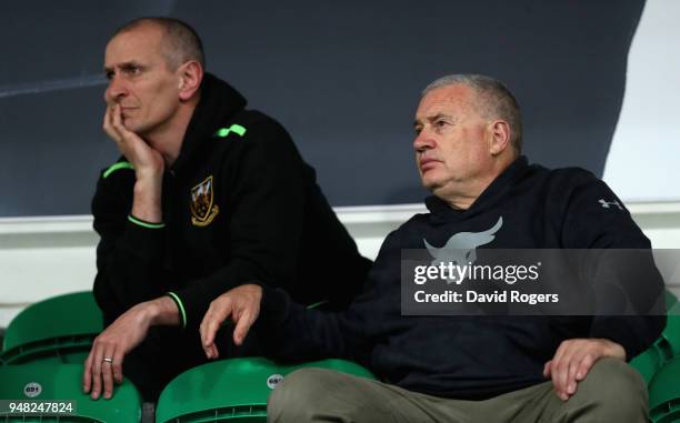 Chris Boyd who has been appointed new director of rugby of Northampton Saints for next season, looks on with interim head coach Alan Dickens during...