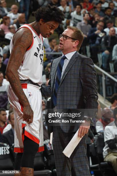 Lucas Nogueira and Assistant Coach Nick Nurse speak during the game against the Washington Wizards in Game Two of Round One of the 2018 NBA Playoffs...