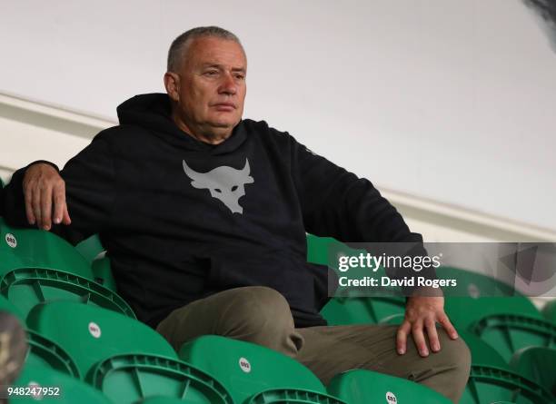 Chris Boyd who has been appointed new director of rugby of Northampton Saints for next season, looks on during the Mobbs Memorial match between...