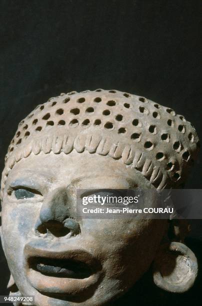 Hollow ceramic, from Veracruz, dating from the recent Classic period , preserved at the Museum of Xalapa, Mexico. This head was undoubtedly part of a...