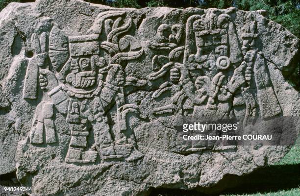 Stone of Corn, sculpture of the Gulf of Veracruz dating from the Late Postclassic period and preserved at the Museum of Jalapa in Mexico. This...
