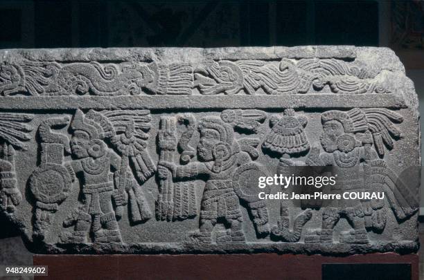 Warriors Stone, Aztec altar dating from the recent Postclassic period , National Museum of Anthropology, Mexico. This 50cm high low-relief shows a...