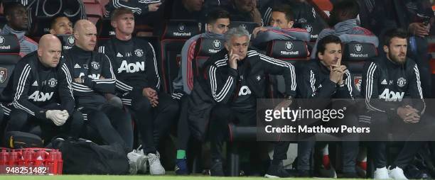Manager Jose Mourinho of Manchester United watches from the bench during the Premier League match between AFC Bournemouth and Manchester United at...