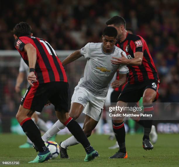 Marcus Rashford of Manchester United in action with Andrew Surman of AFC Bournemouth during the Premier League match between AFC Bournemouth and...