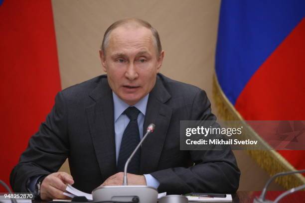 Russian President Vladimir Putin speeches during his weekly meeting with ministers of Russian Governmnet at Novo-Ogaryovo State residence on April...