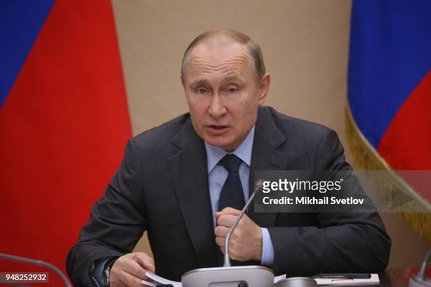 Russian President Vladimir Putin speeches during his weekly meeting with ministers of Russian Governmnet at Novo-Ogaryovo State residence on April...