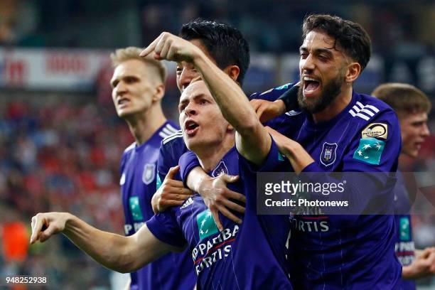 Josue Sa defender of RSC Anderlecht - Adrien Trebel midfielder of RSC Anderlecht scores and celebrates pictured during the Jupiler Pro League play...
