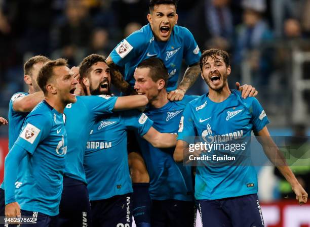 Leandro Paredes , Aleksandr Erokhin , Anton Zabolotny , Domenico Criscito and Miha Mevlja celebrate a goal during the Russian Football League match...