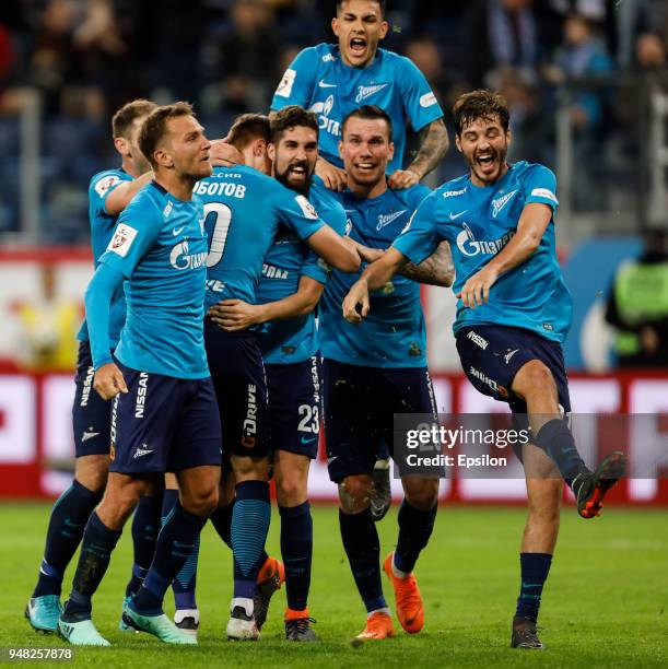 Ilya Skrobotov of FC Zenit Saint Petersburg celebrates his goal with Leandro Paredes , Aleksandr Erokhin , Anton Zabolotny , Domenico Criscito and...