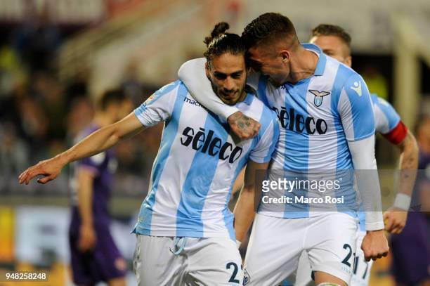 Martin Caceres of SS Lazio celebrates a second goal during the Serie A match between ACF Fiorentina and SS Lazio at Stadio Artemio Franchi on April...