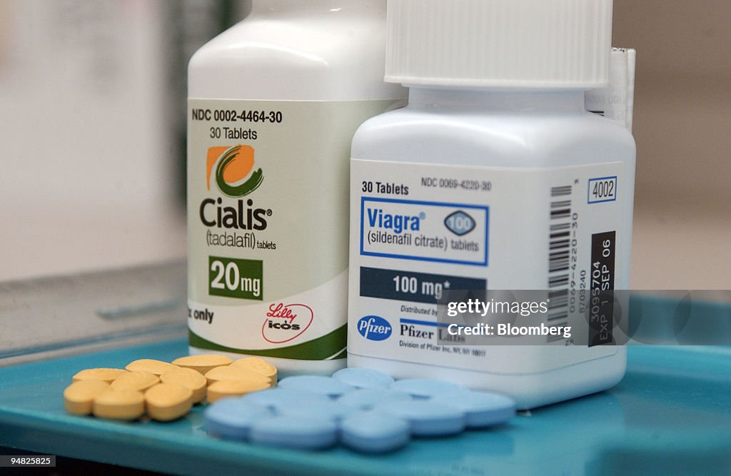 Viagra and Cialis tablets are pictured on a tray at a New Yo
