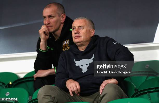 Chris Boyd , who has been appointed the new director of rugby of Northampton Saints for next season, looks on with interim head coach Alan Dickens...