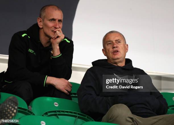 Chris Boyd , who has been appointed the new director of rugby of Northampton Saints for next season, looks on with interim head coach Alan Dickens...