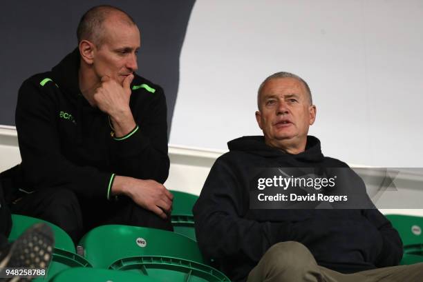 Chris Boyd , who has been appointed the new director of rugby of Northampton Saints for next season, looks on with interim head coach Alan Dickens...