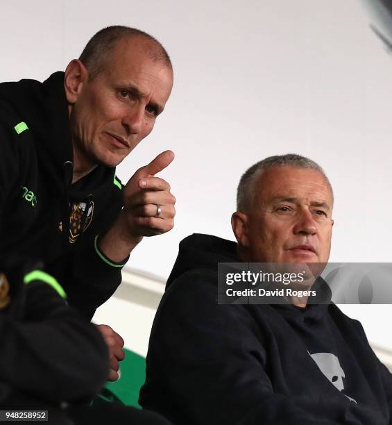 Chris Boyd , who has been appointed the new director of rugby of Northampton Saints for next season, looks on with interim head coach Alan Dickens...