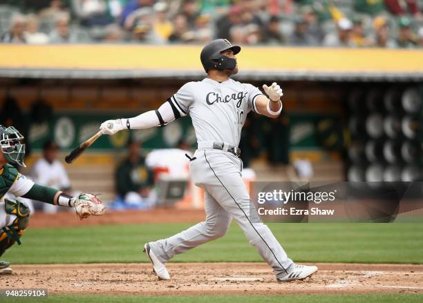 Yoan Moncada of the Chicago White Sox hits a grand slam home run in the second inning against the Oakland Athletics at Oakland Alameda Coliseum on...